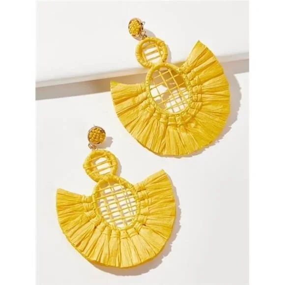 Women’s Statement Raffia Tassel Earrings Boho Dangle Drop Yellow - Picture 4 of 6